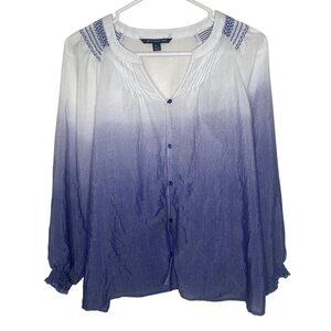 Zac & Rachel Button Down Tunic Top Womens Petite L Blue Ombre Blouse Long Sleeve